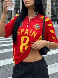 Spain Flag Color Retro Soccer Jersey Short Sleeve T-Shirt for Women, American Street Style Loose Fit Oversized Sportswear