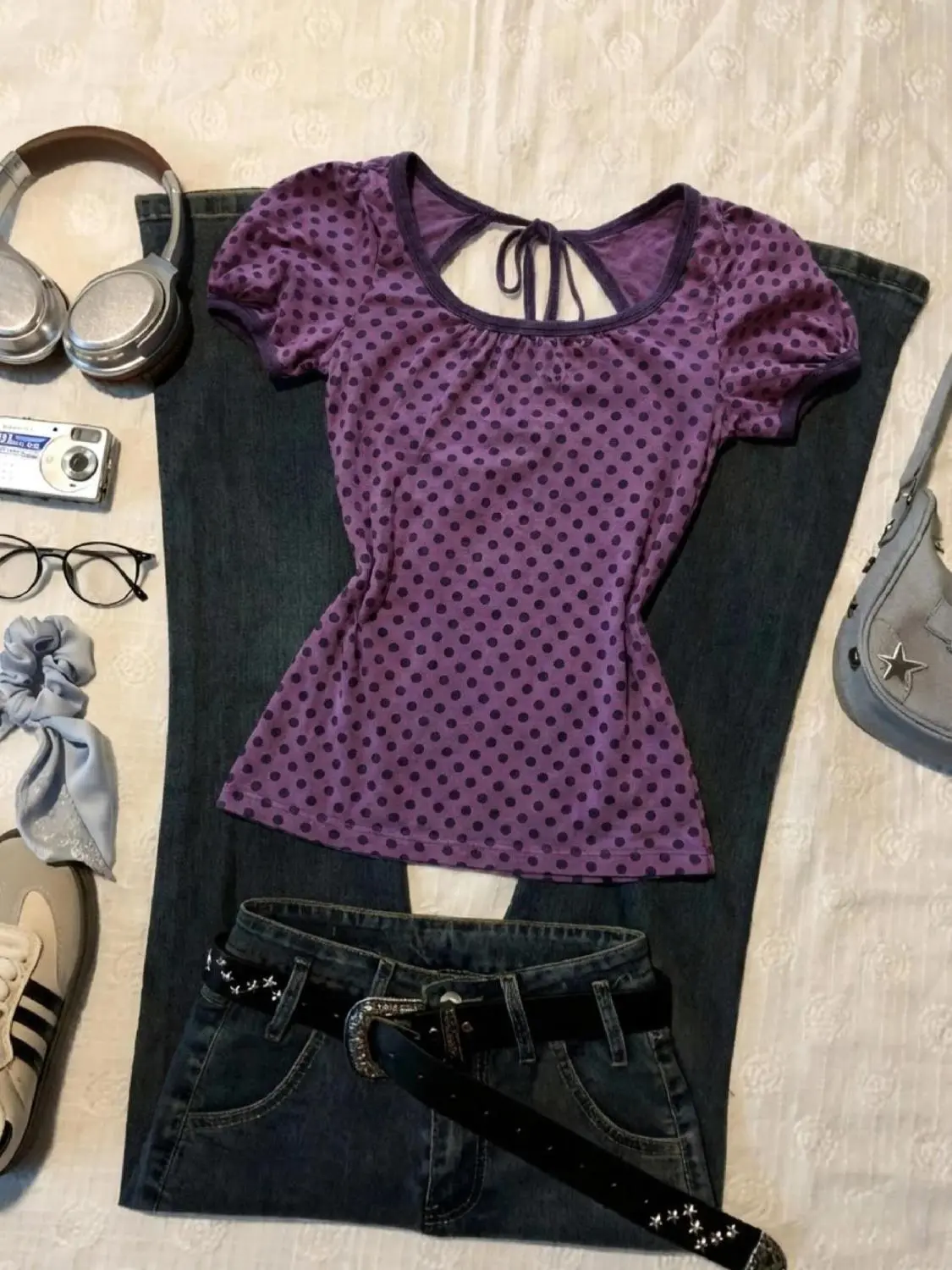 Y2K Vintage Guitar Print Slim Fit T-Shirt – Purple Rock Style Short Sleeve Top for Women