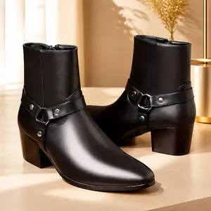 Men's PU Leather Zipper Heeled Ankle Boots - Stylish Casual Elevator Walking Shoes for Streetwear Fashion