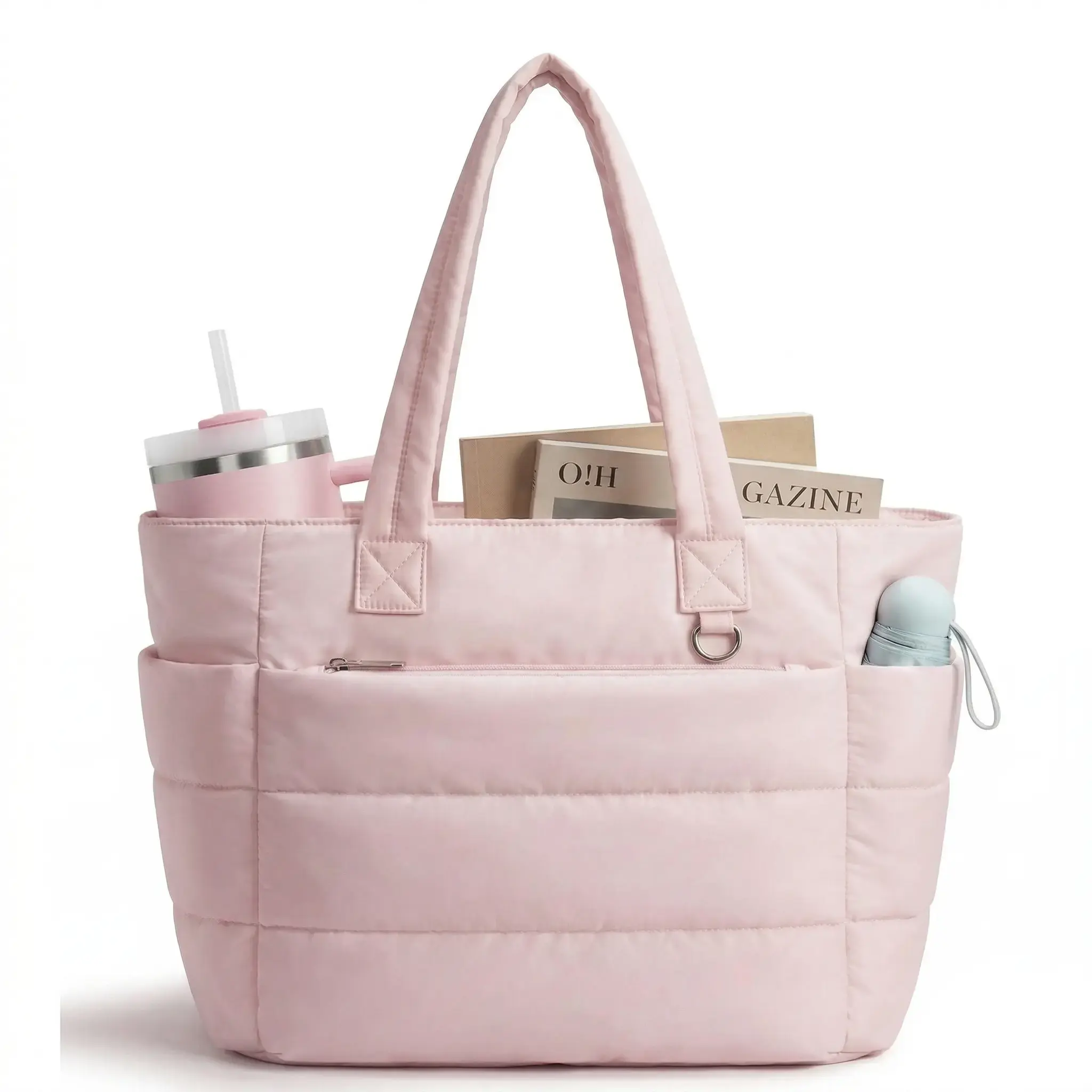 Five Season Home 20L Puffy Quilted Tote Bag for Women, Lightweight Bubble Nylon Laptop Shoulder Bag with Multiple Compartments for Work, Travel, and College