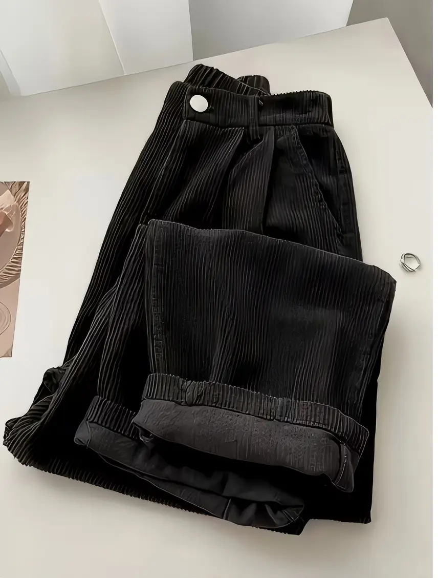 Vintage Corduroy High Waist Pleated Wide Leg Pants Elastic Back Waist Loose Casual Winter Trousers