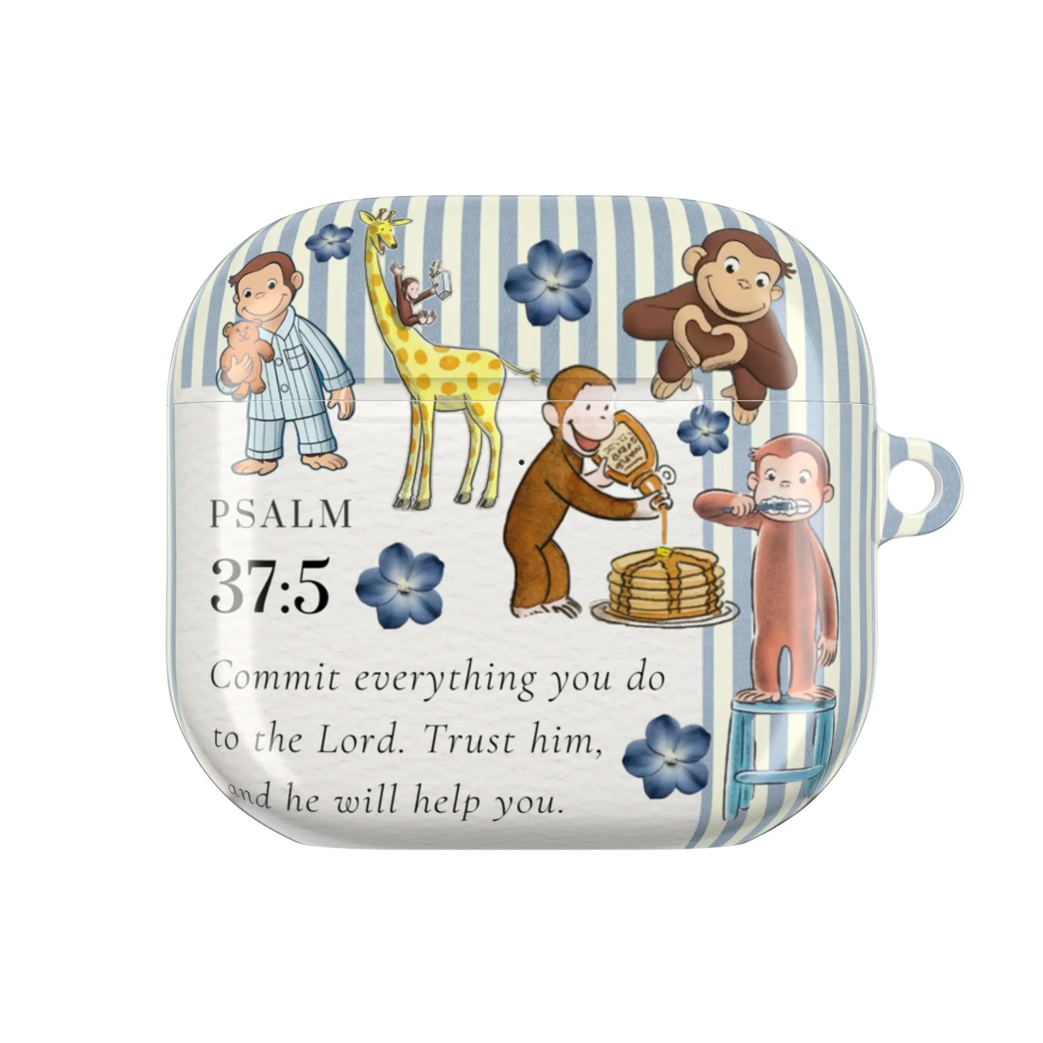 Christian Curious George AirPods Case for AirPods 1 2 3 4, AirPods Pro 1 2 3, Bible Verse Psalm 37:5 Aesthetic Cute Monkey Earbuds Cover Faith Gift