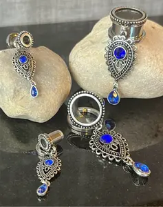 PAIR of Unique Blue Glass Gems Teardrop Dangle Screw Fit Tunnels/Plugs - Gauges 2g (6mm) thru 5/8" (16mm)