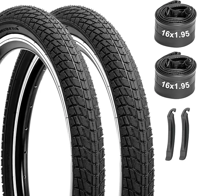 Kids' Bike Tire and 16x1.75~1.95 Inch Tube Set, High Quality 2-Pack Folding Kit with Block Pattern for 16x1.95 & 20x2.125 Inch Mountain Bikes, Easy Maintenance, Replacement, Traction, Shock Absorption, Levers, Kids' Bmx, 2 Tire Levers, Folding Bicycle Tir