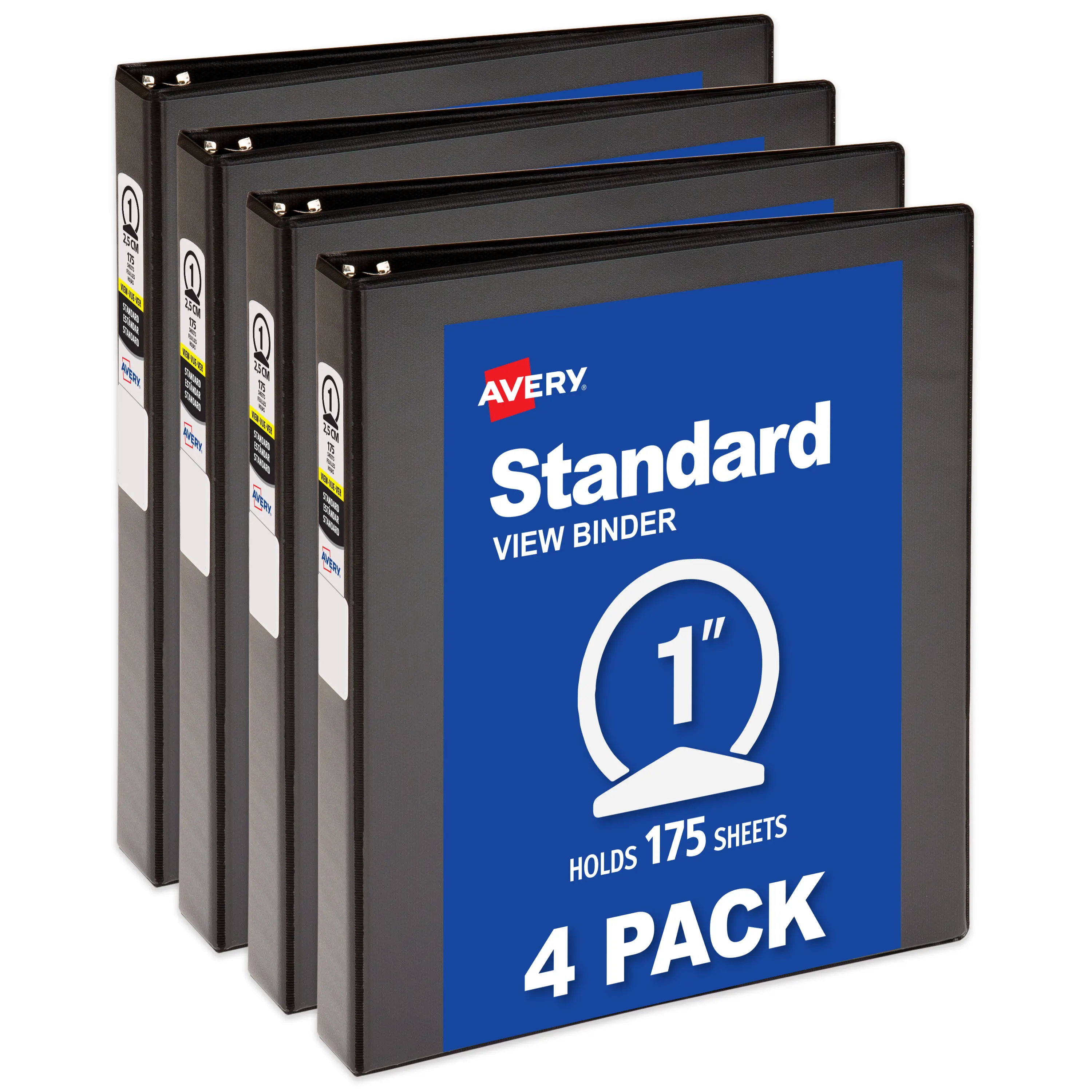 Avery® 1" Round Ring Standard View Document Binders, 175-Sheet Storage Capacity, 1.4in Wide Spine, Black, 4-Pack (19203) for Lightweight Organization & Occasional Referencing, Document Binder