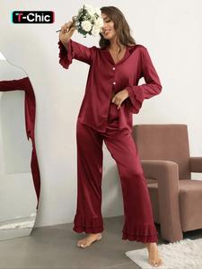 women's button front elastic waist pyjamas set, casual flounce sleeve top & ruffle trim trousers, fashion comfy ladies two piece sleepwear outfits