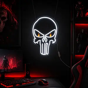 Vigilante Skull Flame Eyes Neon Sign, Anti Hero Style White LED Skull Wall Light with Orange Flickering Eye Effect, USB Powered Acrylic Wall Decor for Gamer Room, Man Cave, Garage Bar, Tactical Theme Room, Halloween Party, Cool Gift for Men & Teens