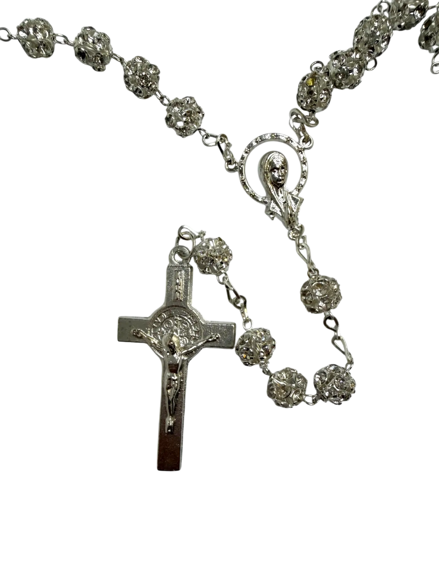 Silver Crystal Quinceañera Rosary with Traditional Cross