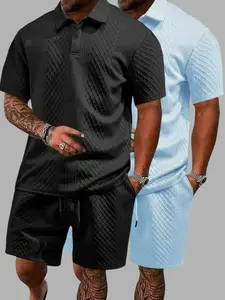 2 Pack men's knitted V-neck shirt and shorts set, casual short-sleeve polo T-shirt paired with elastic waistband shorts, lightweight and breathable summer two-piece outfit, suitable for daily wear, street style, vacation, and beach activities