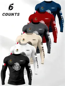 Men's Mexican Theme Letter Flag T-Shirt Set, Round Neck Long Sleeve, Fitted, Multi-Color, Comfortable Fit, All Seasons Wear, Casual Fashion Wear, 6 Pieces