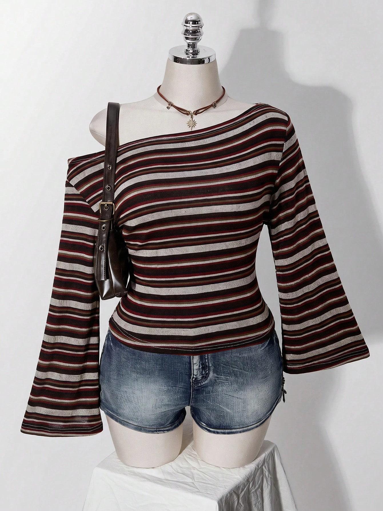 LALUZ Waist-Cinching Plus Size Knitted T-Shirt Asymmetrical Shoulder Y2K Vintage Long Sleeve Fall Top Trendy