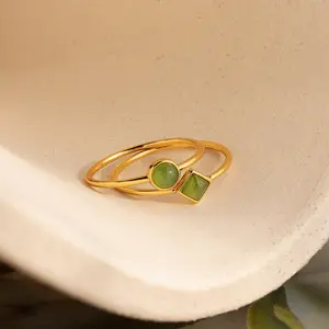Dainty Jade Ring Set by Caitlyn Minimalist - Set of 2: Round & Princess Cut Green Gemstone Rings in 18K Gold Finish - Boho Jewelry - Gifts for Mom
