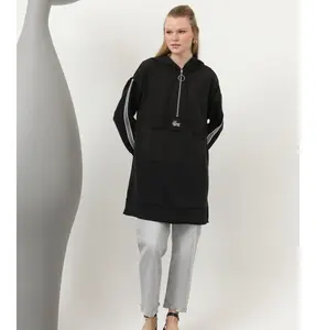 Muslim Women's Modal Blend Striped Hooded Half-Zip Tunic - 10610 Black