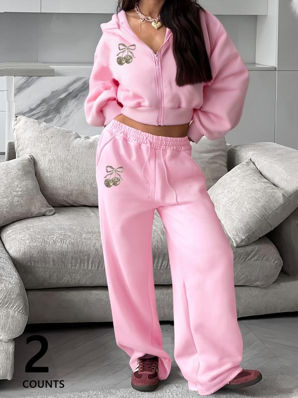 Women's Pink Autumn and Winter Short Sweatshirt and Loose Straight Pants Set, Casual and Fashionable Hooded Long-sleeved Sweatshirt and Sweatpants, Suitable for Daily Outdoor Wear, Comfortable Daily Wear
