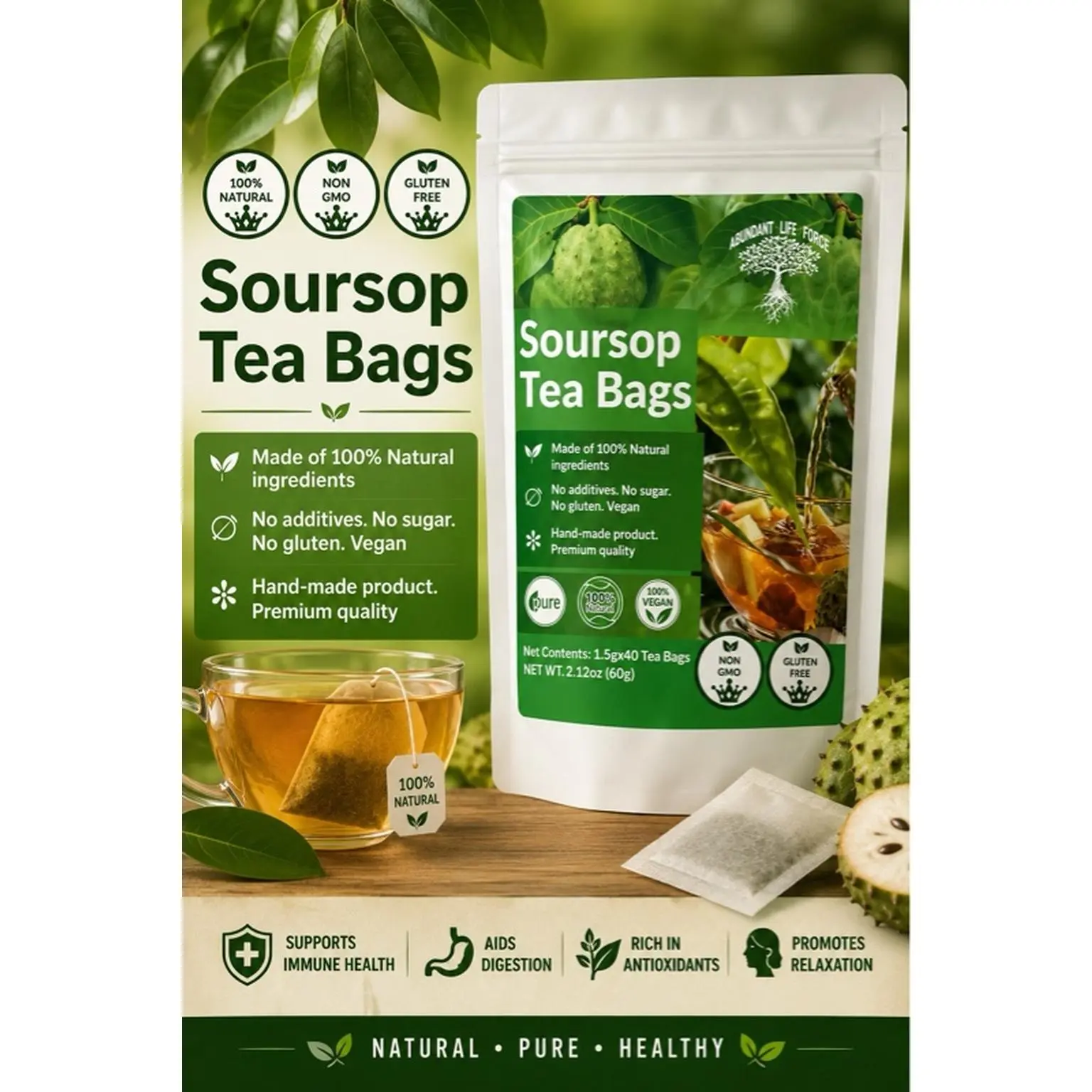 Soursop Tea Bags - 100% Natural, Non-GMO, Gluten-Free, Vegan, Hand-Made, Premium Quality, Supports Immune Health, Aids Digestion, Rich in Antioxidants, Promotes Relaxation