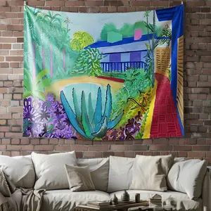 Artistic background fabric for plants and buildings, digitally printed on polyester, suitable for hanging on walls in living rooms, bedrooms and for party decorations.