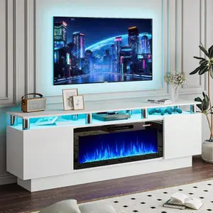 70" Modern Fireplace TV Stand Stainless Steel Pipe,With 36" Electric Fireplace For TVs Up To 80",  LED Entertainment Center For Living Room