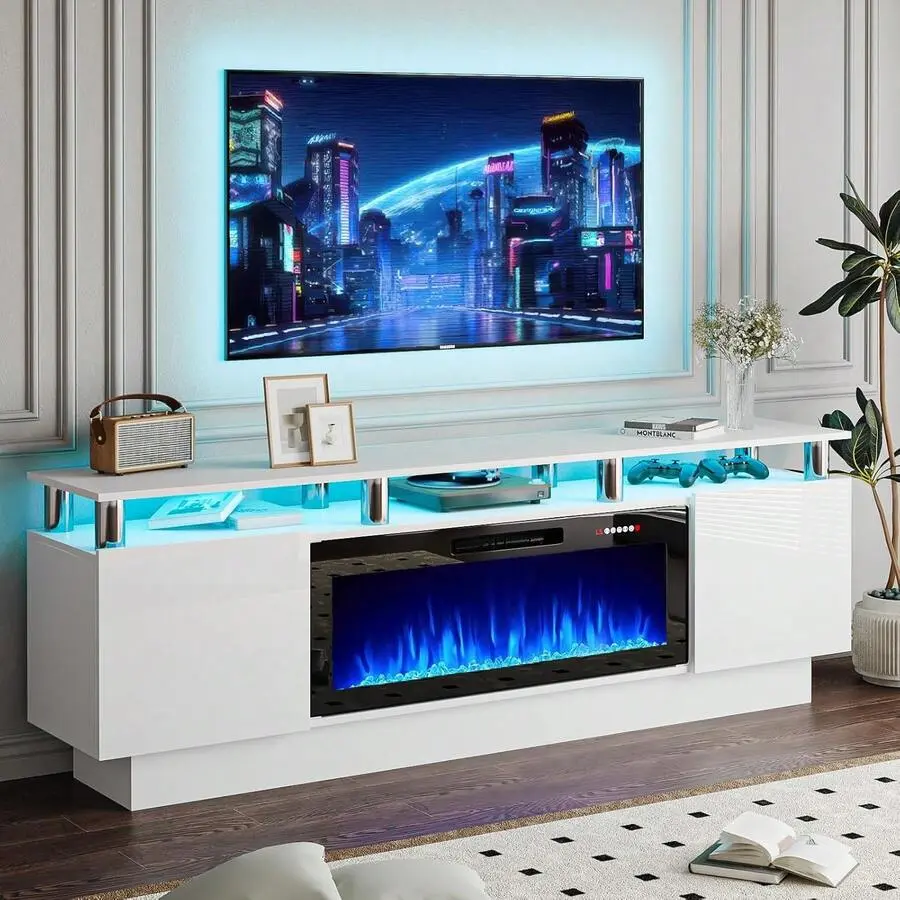70" Modern Fireplace TV Stand Stainless Steel Pipe,With 36" Electric Fireplace For TVs Up To 80",  LED Entertainment Center For Living Room, Modern Tv Console, Television Stands