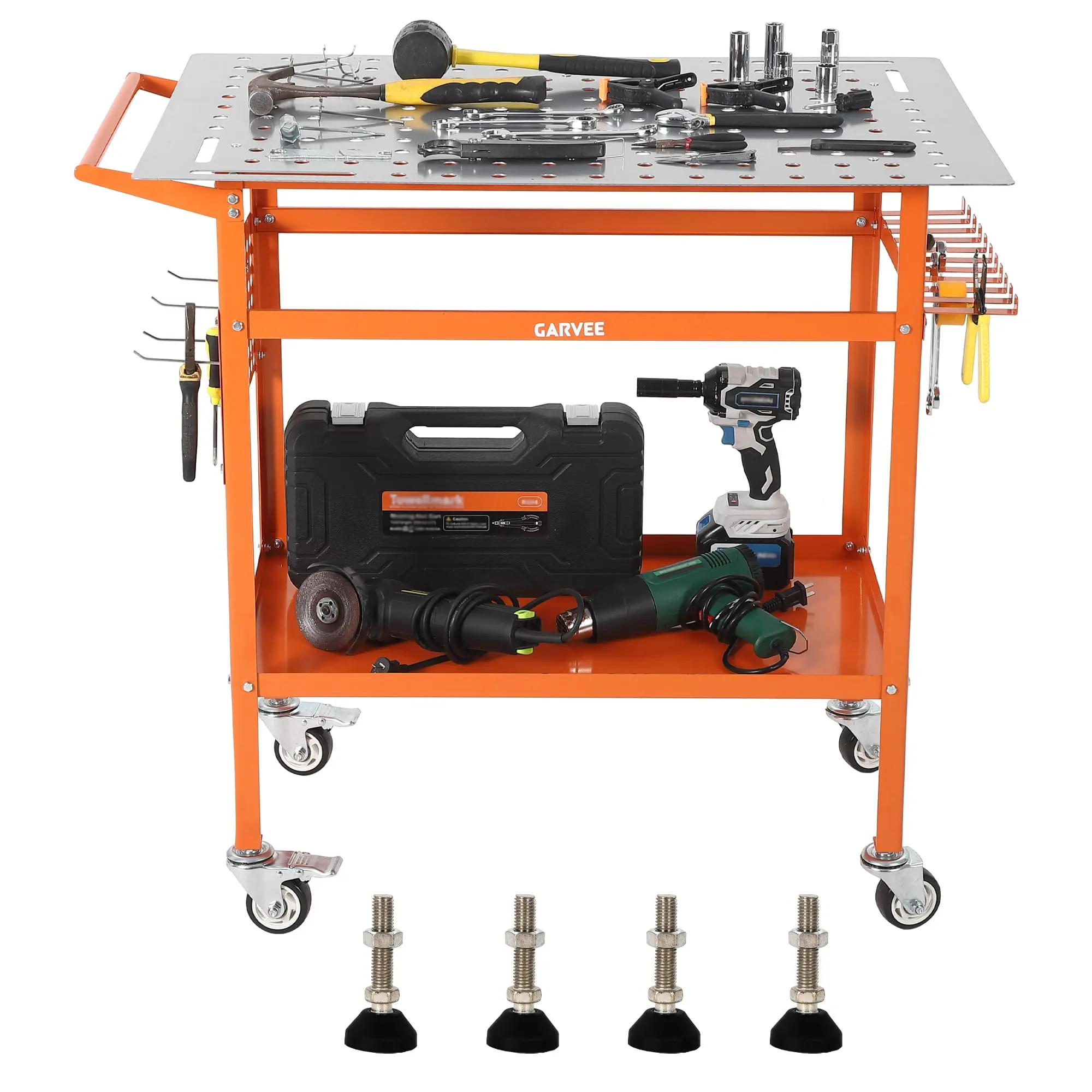 [Football Fan SeasonDeal] New Upgraded Utility Tables Heavy Duty 800LBS Capacity Welding Table 36"x24" Portable Workbench with Steel Frame, Side Pegboard, Hooks, Tool Tray, 2 Brake Wheels & 4 Feet for Garage Workshop, Orange
