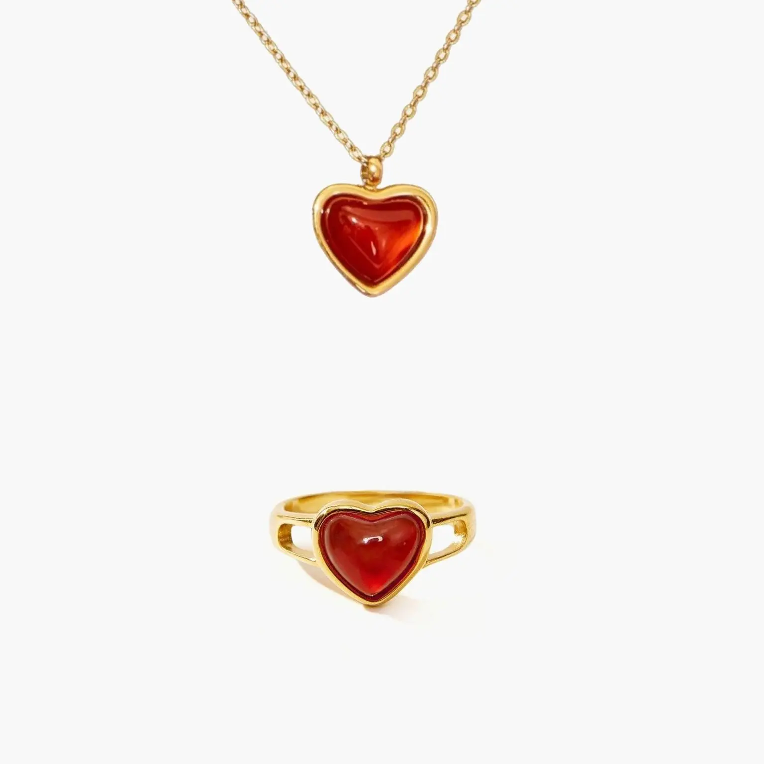 en route 18K Gold Plated Carnelian Heart Necklace & Ring Set in Gold, Waterproof Jewelry with Natural Carnelian Stones, Classic Heart-Inspired Design for Elevated Everyday Wear, Perfect for Layered Styling & Gift-Ready Romantic Looks
