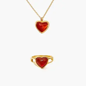 en route Carnelian Heart Necklace & Ring Set in Gold, Waterproof Jewelry with Natural Carnelian Stones, Classic Heart-Inspired Design for Elevated Everyday Wear, Perfect for Layered Styling & Gift-Ready Romantic Looks