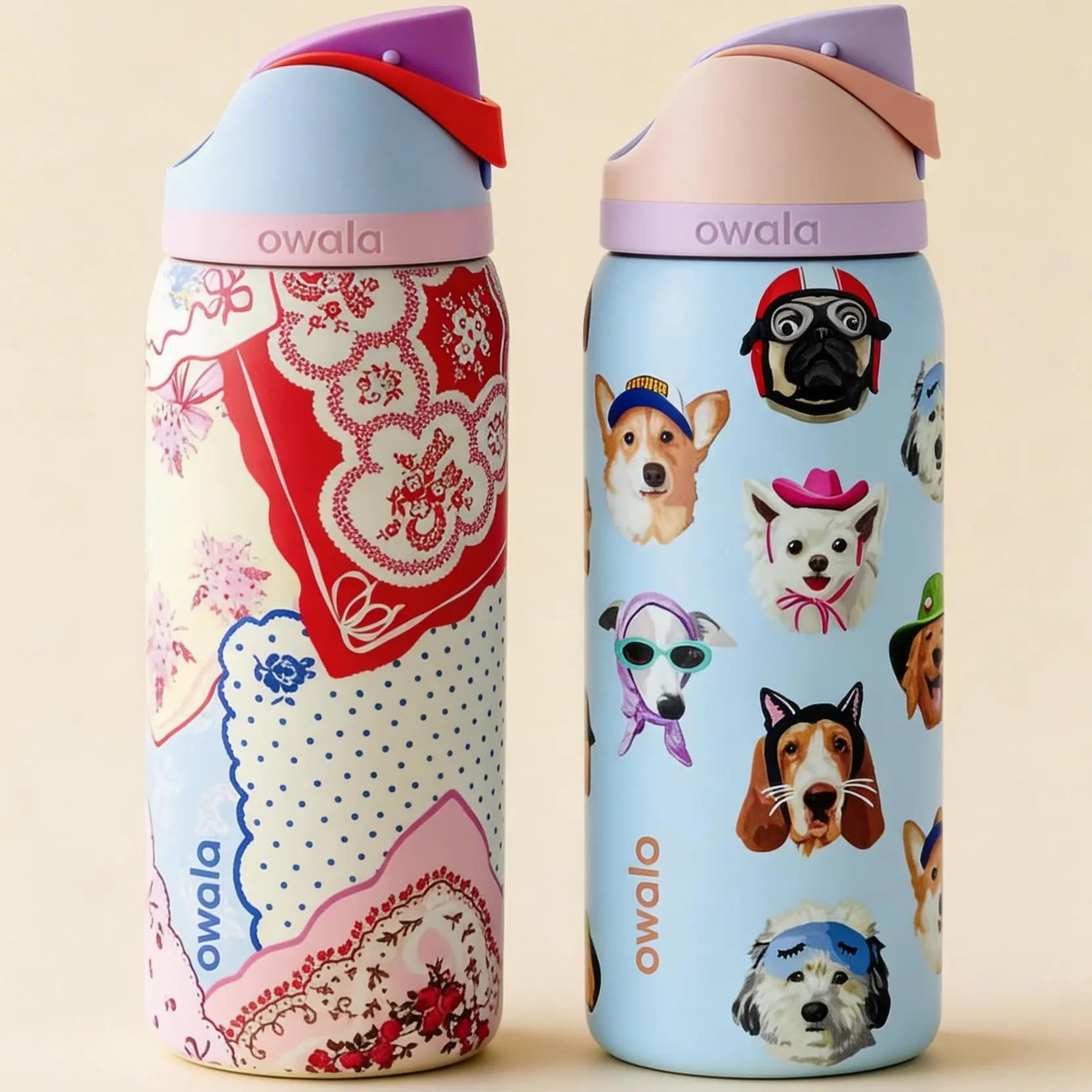 Special Edition 32oz Owala Insulated Stainless Steel Water Bottle with Straw Lid, BPA-Free Portable Drinkware, Loop for Travel, Dog Collage & Hankie Design