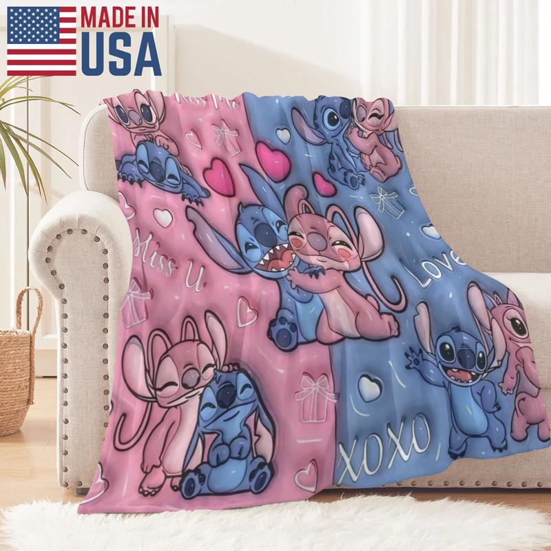 Disney Stitch Couple Photo Blanket Pink & Blue Designs with Heart Patterns and Miss U Love Texts for Cozy Cuddling
