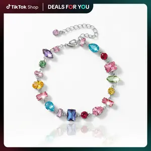 Shiny Colorful Zircon Geometric Bracelet Dopamine Candy Bracelet for Women 18K Gold Plated Mood Boosting Jewelry Y2K Energy Beaded Bracelet Thoughtful Gift for Girlfriend BFF Her Jewelry valentines gifts for gf gifts for bestfriend Colorful bracelet