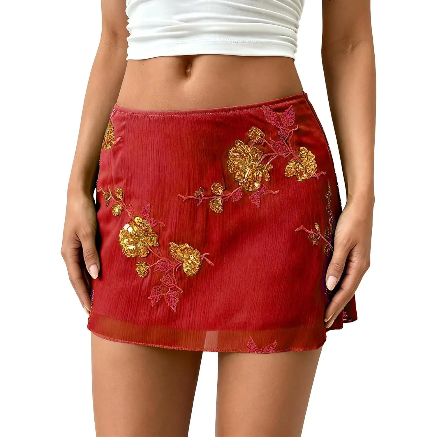 Women's Sequin Mini Skirt Summer Floral Sparkly A-Line Layered Beaded Embroidery Glitter Tulle Fairy Skirts Y2K