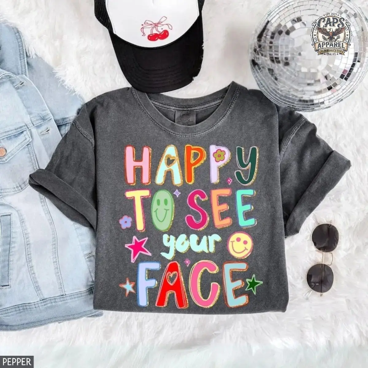 Comfort Colors Happy To See Your Face Teacher T-Shirt, Classroom Gift Tee, Doodle Stars, Teacher Appreciation, Apparel Made In The US - Caps Apparel		