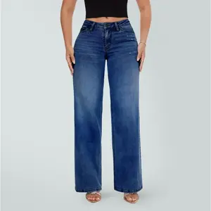 Wide leg BBL jeans stretch mid low waist denim pants women's basic deep blue slim fit minimalist bottom pantsRAIMENTRY