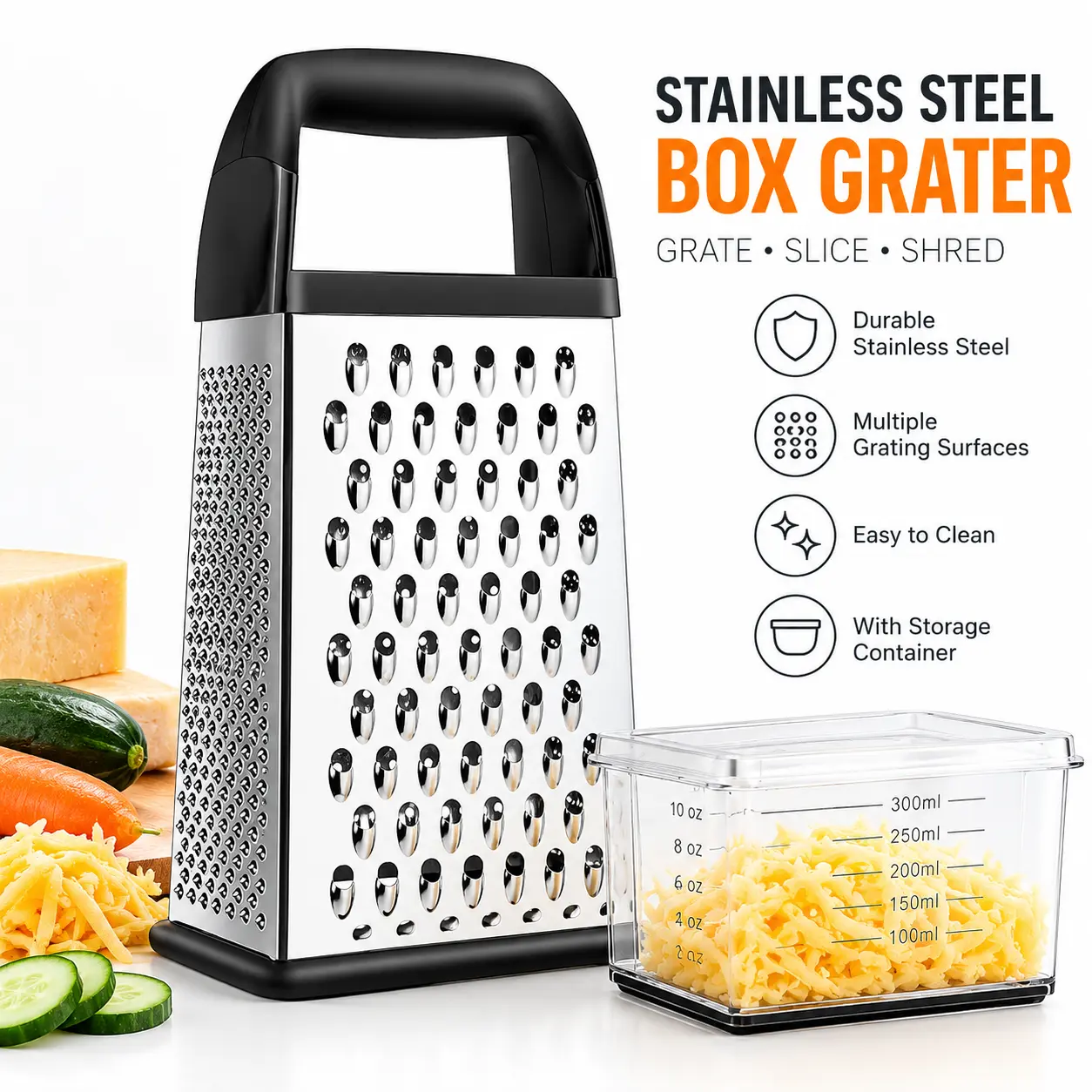 Stainless Steel 4-Sided Grater - 4-in-1 Multi-Purpose Kitchen Utensils with Container, Lid, Detachable Handles, Anti-Slip Base, Coarse/Fine Dishwasher-Safe Blades for Healthy Meal Prep (Black Friday Deal), Vegetable Cutting Slicer