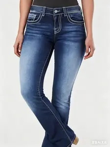 Women Mid Rise Stretchy Criss Cross Graphic Curvy Bell Bottom Jeans