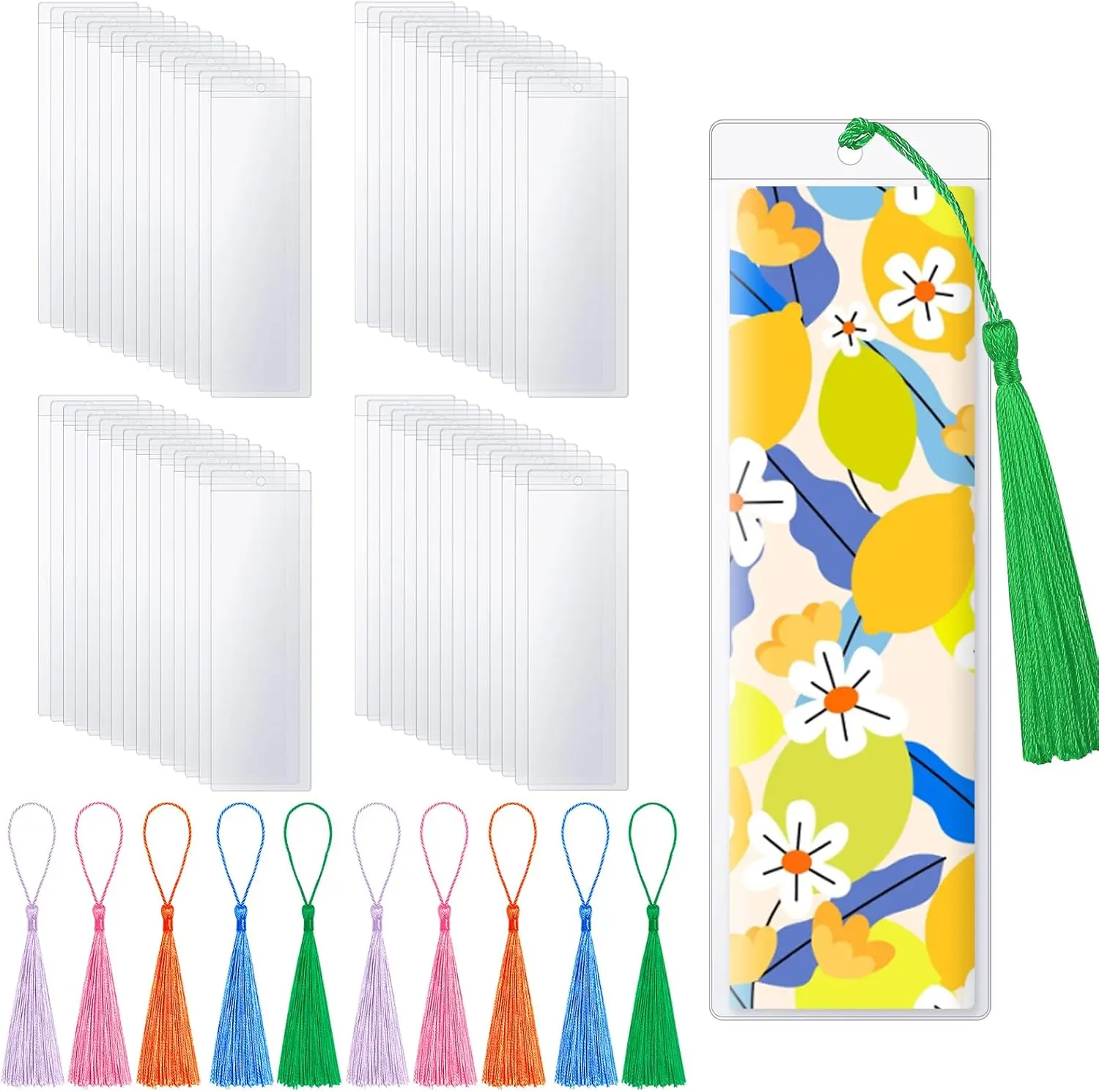 50-Piece Plastic Bookmark Sleeves Set (7.2 inches/18.3×6 cm, High Transp.), Waterproof Tear-Resistant with 50 Mixed Colors Soft PVC Tassels, Pre-Punched Holes, Office Stationery for Photo Protection & Decoration (All Seasons Use), No Need To Remove