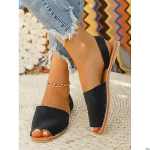 Summer - Women sPeep ToeCowhideBottomSandals ComfortableAndCasualHolidayStyle BlackLeatherFlatShoes