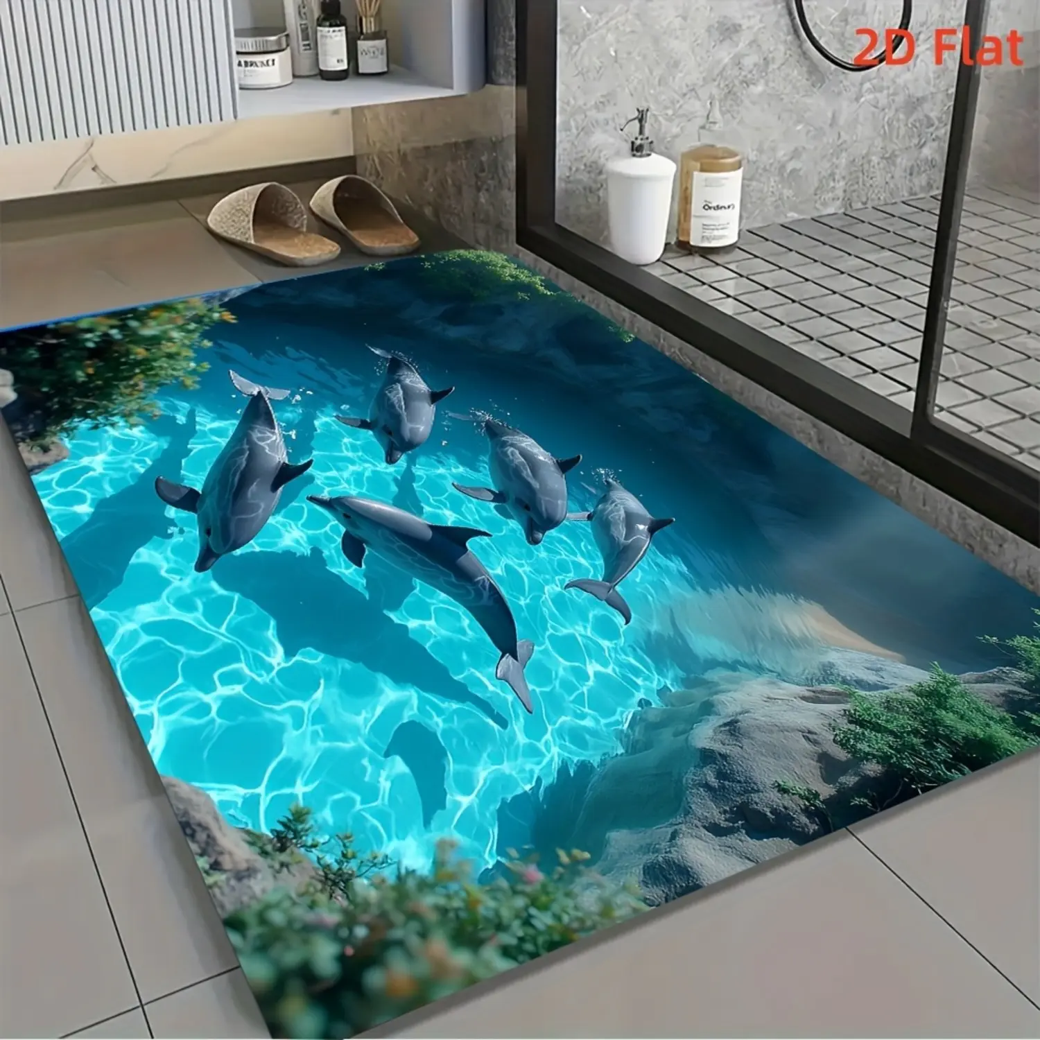 Tropical Ocean Dolphin Watercolour Diatomite Rug - Square Large Area, Soft, 100% Rubber Non-Slip Backing, Quick-Dry, Absorbent, Wrinkle Resistant, Anti-Shrink, Coastal Beach House Decor, 39.4×70.9in/47.2×78.7in, Suitable for Bathrooms, Laundry Rooms