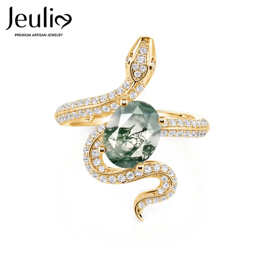 Jeulia Women's Hug Me Snake Cocktail Ring with Oval Moss Agate, Gold Plated 925 Silver Statement Jewelry