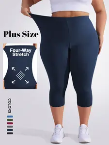 Plus Size Women's 3/4 Leggings, Stretchy Design, Soft Fabric, Suitable for Summer Wear, Solid Color Style for Comfort and Style