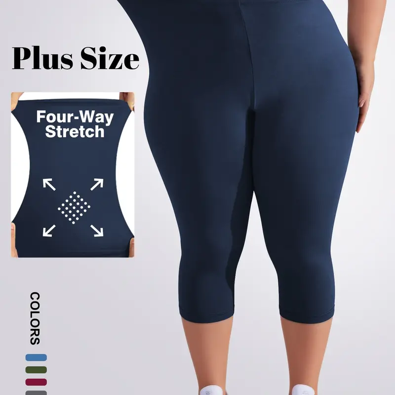 Plus Size Women's 3/4 Plain Leggings, Stretchy Design, Fit, Casual, Elastic, Soft Fabric, Breathable, Suitable for Summer Wear, Solid Color Style for Comfort and Style