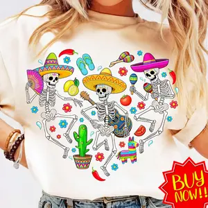 Cinco de Mayo Skeleton Shirt, Dancing Skeleton Fiesta Shirt, Mexican Party Skeleton Clipart, Guitar Maracas, Fiesta.