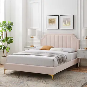 Modway Sienna Performance Velvet Queen Platform Bed in Pink