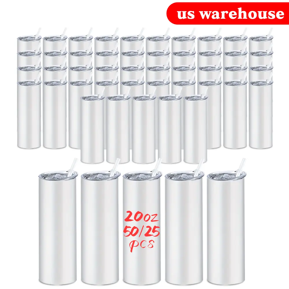 25/50 Pack 20oz (500-1000ml) Straight Leak-Proof Sublimation Blank Surface Insulated Stainless Steel Tumblers, Wholesale Customizable Kitchenware Drinkware Containers with Lid & Plastic Straw, Portable Durable Beverage Holders with Quick Delivery