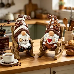 2-Piece Gnome Figurines with Rocking Chairs - Home Decor Statues for Coffee Bars, Tiered Trays, Coffee Enthusiast Gifts, Desktop & Garden Displays