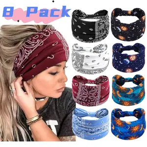 8 Pack Boho Paisley Knotted Wide Headbands for Women - Non Slip Soft Turban Hair Wraps, Yoga Workout Hair Accessories(Multicolor)