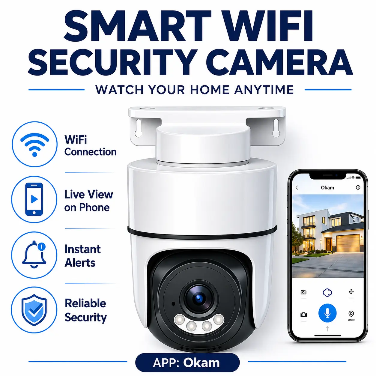 Smart WiFi Home Security Camera, Indoor Outdoor PTZ Camera with App Control, Instant Alerts and Night Monitoring