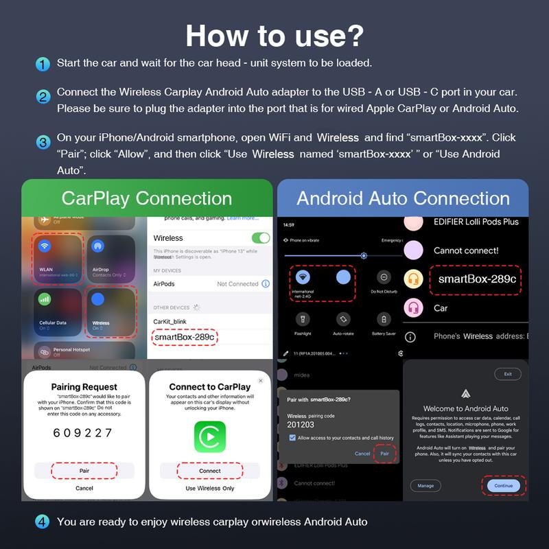 2-in-1 Wireless CarPlay & Android Auto Adapter, Plug & Play CarPlay Dongle Converts Wired to Wireless, Fast Auto-Connect, No Delay, Compact Design for iPhone & Android with USB/USB-C Port(Black)