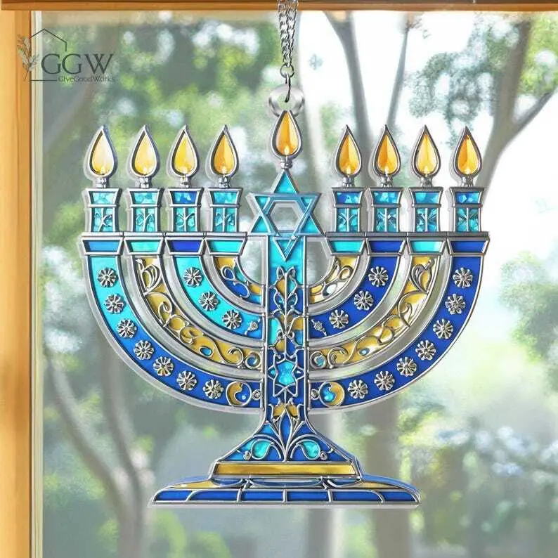 Hanukkah Menorah ACRYLIC ORNAMENT Jewish Window Hanging Sign, Hanukkah Decor, Chanukah, Jewish Holiday Star Of David, Happy Hanukkah, Israel