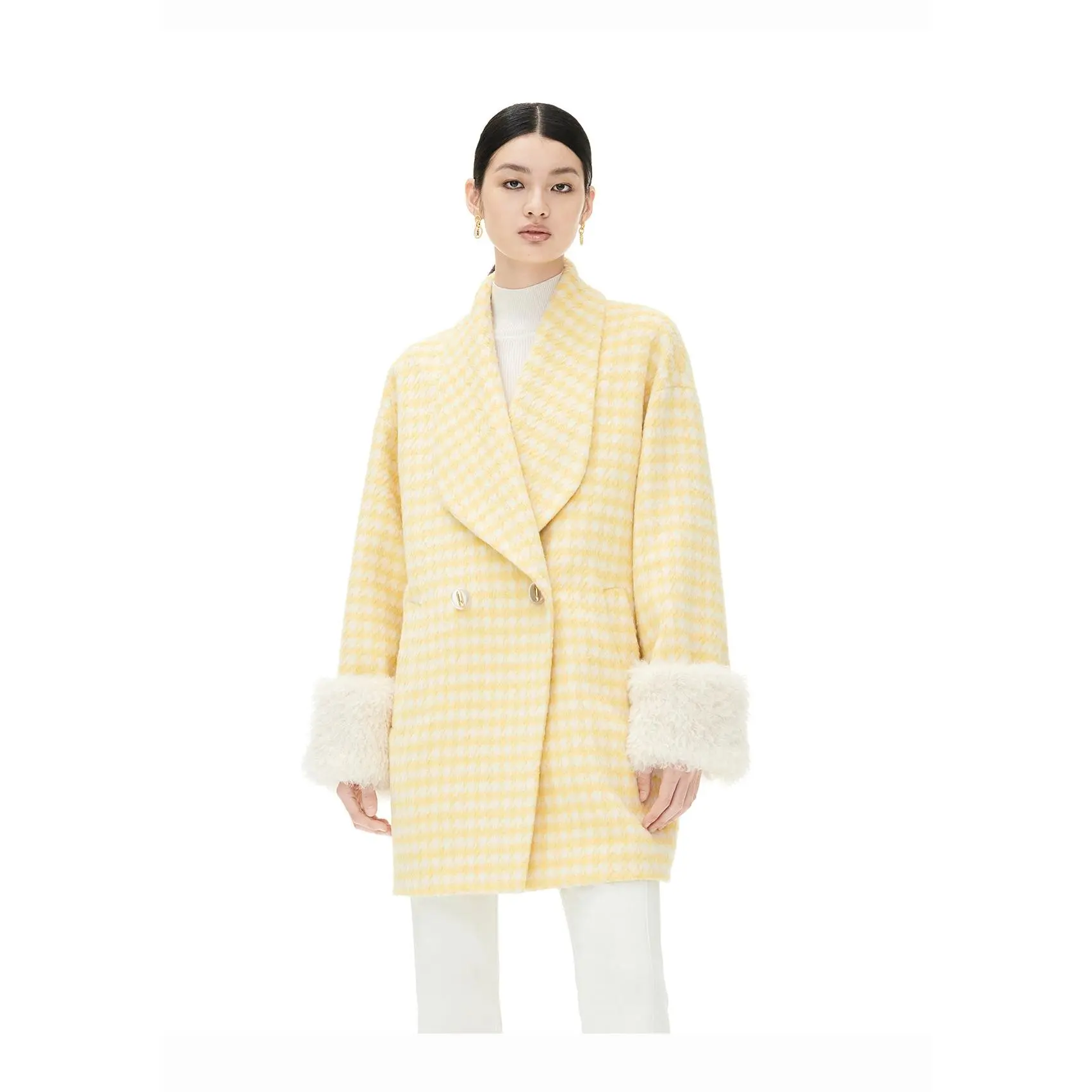 YES BY YESIR autumn winter loose stylish tulip yellow houndstooth coat  - Kibban
