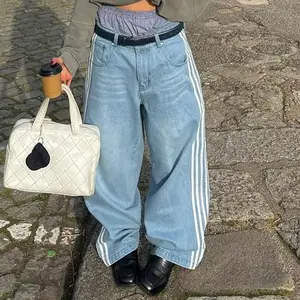 Women Y2K Cargo Pants Casual Loose Boyfriends Trousers Vintage Streetwear， Wide Leg Denim Pants Casual Cute Stripe Print Loose Jeans Trousers for Work Office Streetwear