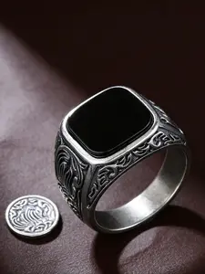 Men‘s Black Onyx Ring, 12x14mm Square Gem Carved Vintage Sterling Silver Band, Bold Gothic Statement Jewelry Gift for Him
